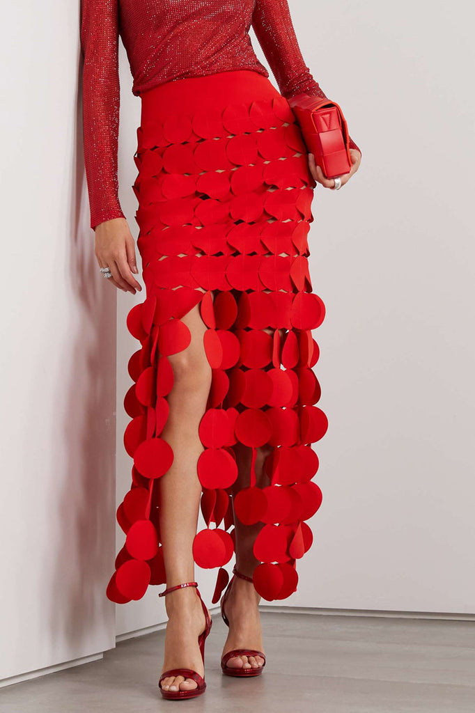 Stylish red midi | Katelyn Fringe Midi Skirt - Red - Ideal for special occasions