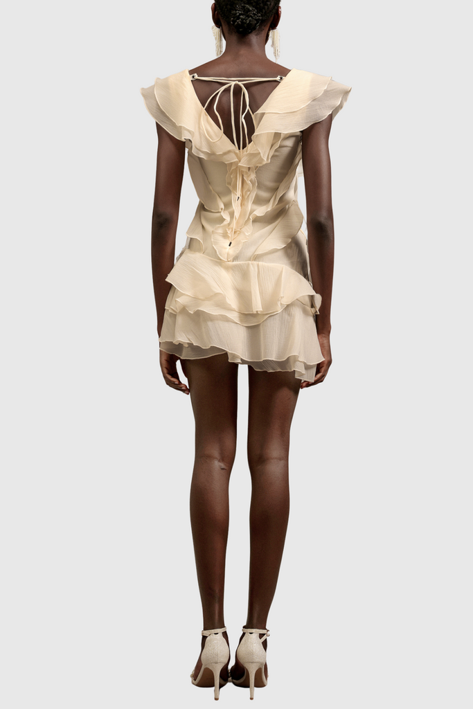 Shop  beige dress - Perfect for special occasions | Kellan Off Shoulder Ruffle Mini Dress - Beige