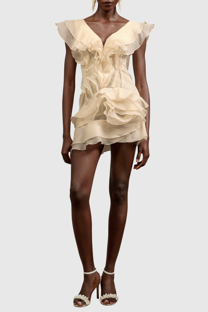 Stylish beige dress | Kellan Off Shoulder Ruffle Mini Dress - Beige - Ideal for special occasions
