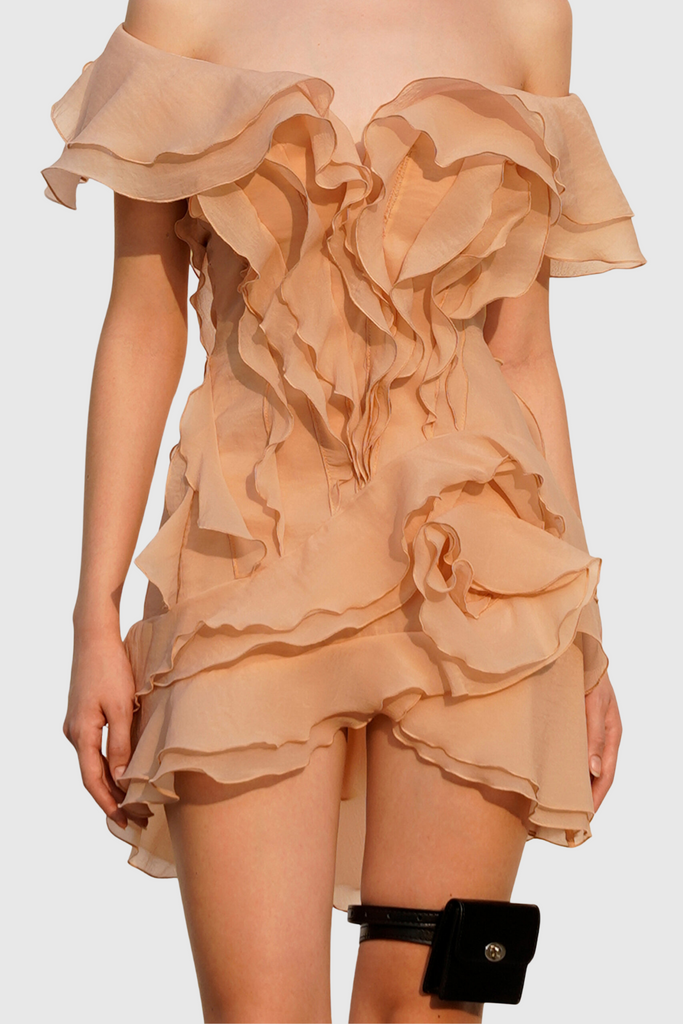 Kellan Off Shoulder Ruffle Mini Dress - Brown - Stylish brown dress for special occasions | Buy Online