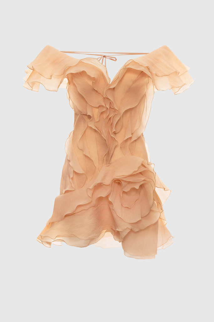 Shop  brown dress - Perfect for special occasions | Kellan Off Shoulder Ruffle Mini Dress - Brown