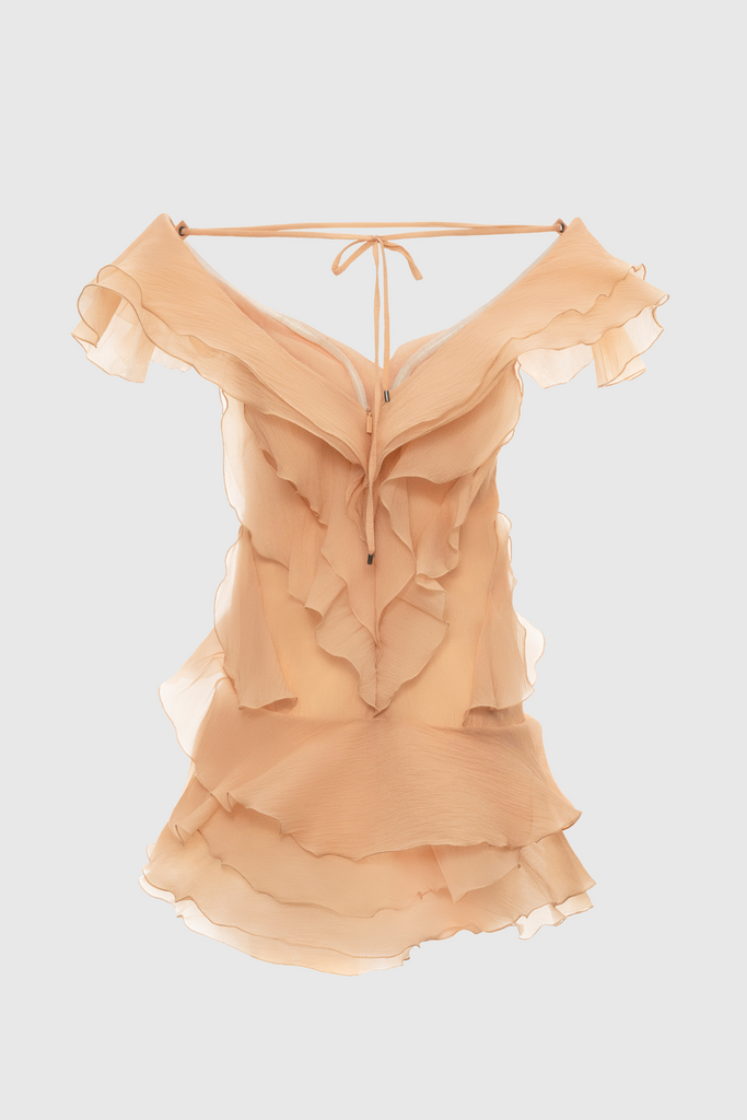 Kellan Off Shoulder Ruffle Mini Dress - Brown - Stylish brown dress for special occasions | Buy Online