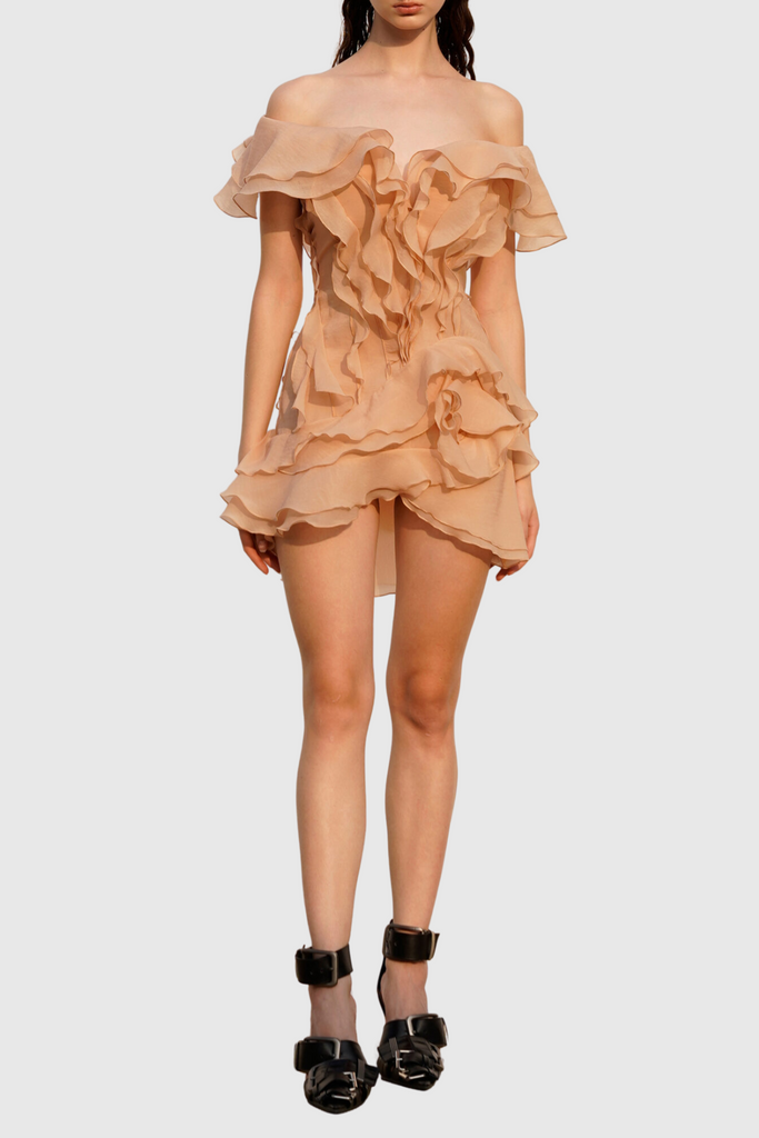 Shop  brown dress - Perfect for special occasions | Kellan Off Shoulder Ruffle Mini Dress - Brown