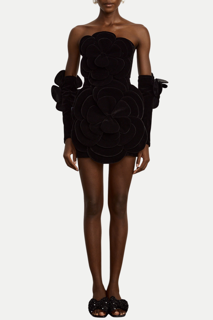 Shop  black dress - Perfect for special occasions | Kerio Floral Appliqué Velvet Mini Dress - Black