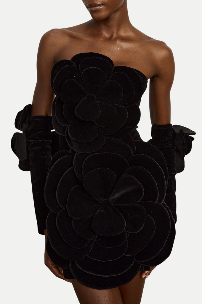 Kerio Floral Appliqué Velvet Mini Dress - Black - Stylish black dress for special occasions | Buy Online