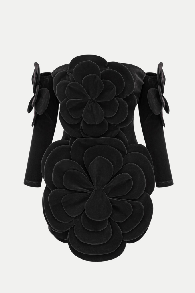 Stylish black dress | Kerio Floral Appliqué Velvet Mini Dress - Black - Ideal for special occasions