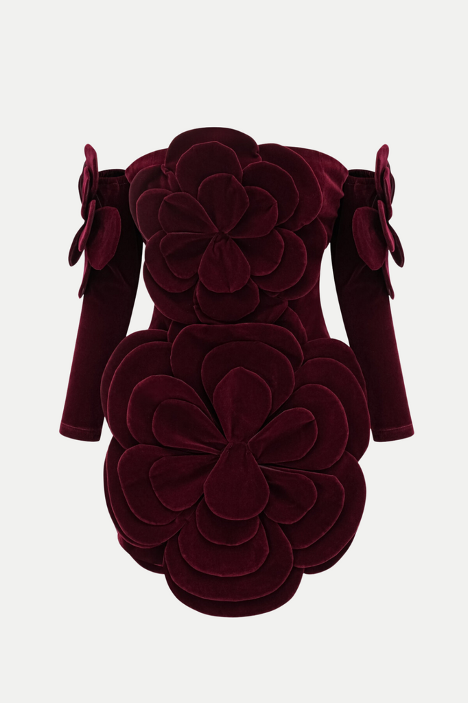 Shop  red dress - Perfect for special occasions | Kerio Floral Appliqué Velvet Mini Dress - Red