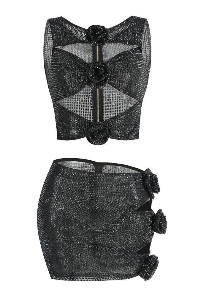Khloe Crystal Flower Two Piece Set - Black - Stylish black dress for special occasions | Buy Online