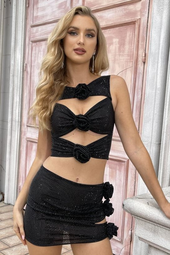 Shop  black dress - Perfect for special occasions | Khloe Crystal Flower Two Piece Set - Black
