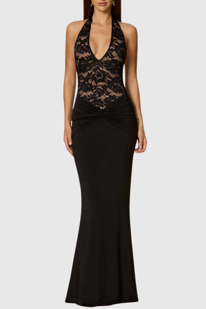 Kinslea Halter Lace Twisted Maxi Dress - Black - Stylish black dress for special occasions | Buy Online