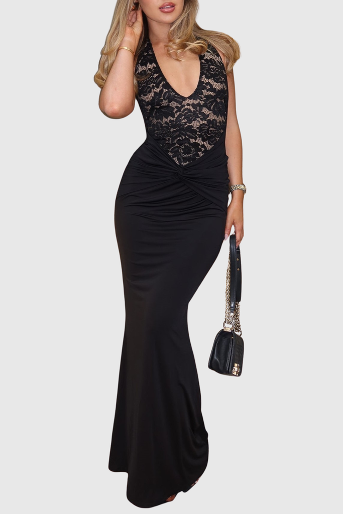 Kinslea Halter Lace Twisted Maxi Dress - Black - Stylish black dress for special occasions | Buy Online