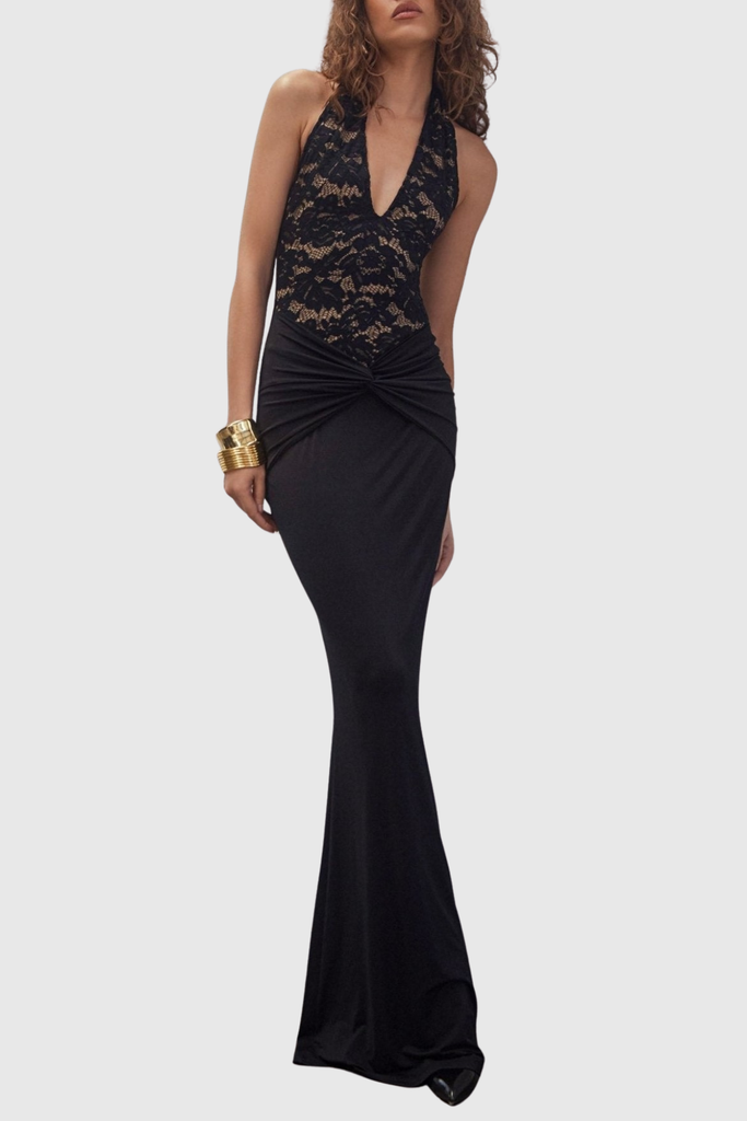 Kinslea Halter Lace Twisted Maxi Dress - Black - Stylish black dress for special occasions | Buy Online