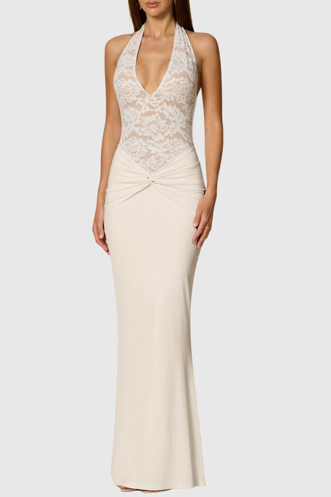 Stylish white dress | rosemary Halter Lace Twisted Maxi Dress - White - Ideal for special occasions