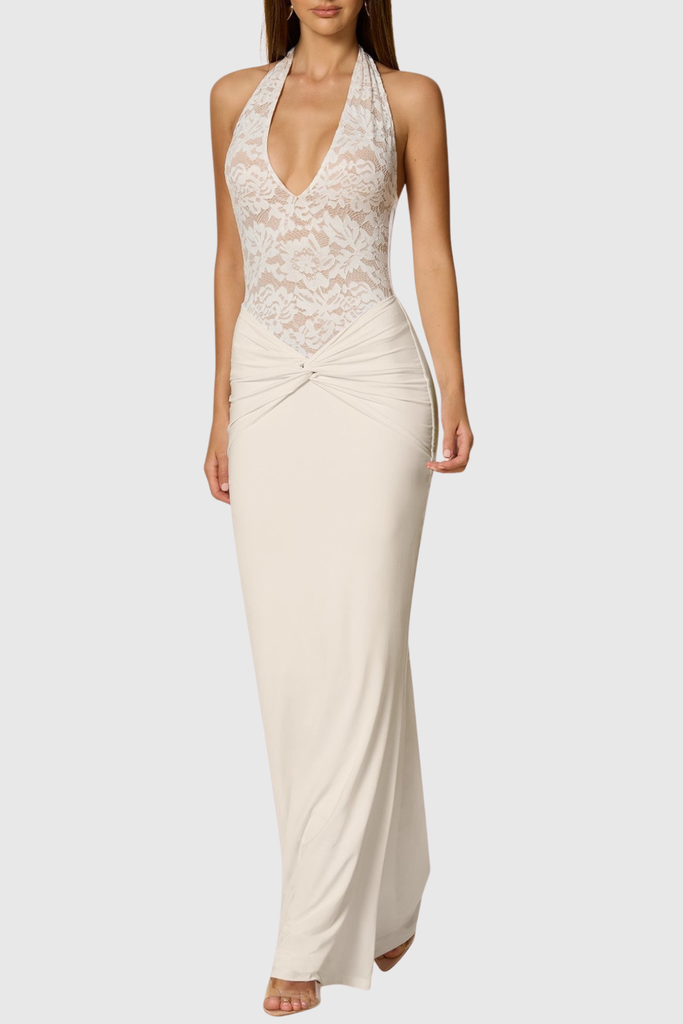 Shop  white dress - Perfect for special occasions | rosemary Halter Lace Twisted Maxi Dress - White