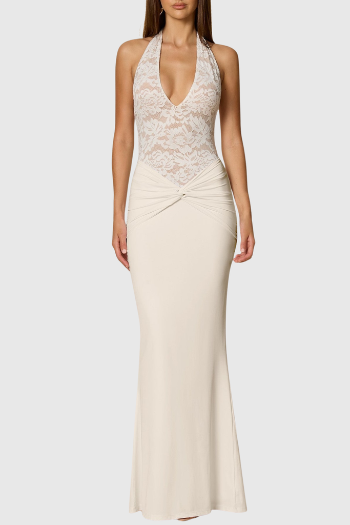 Stylish white dress | rosemary Halter Lace Twisted Maxi Dress - White - Ideal for special occasions