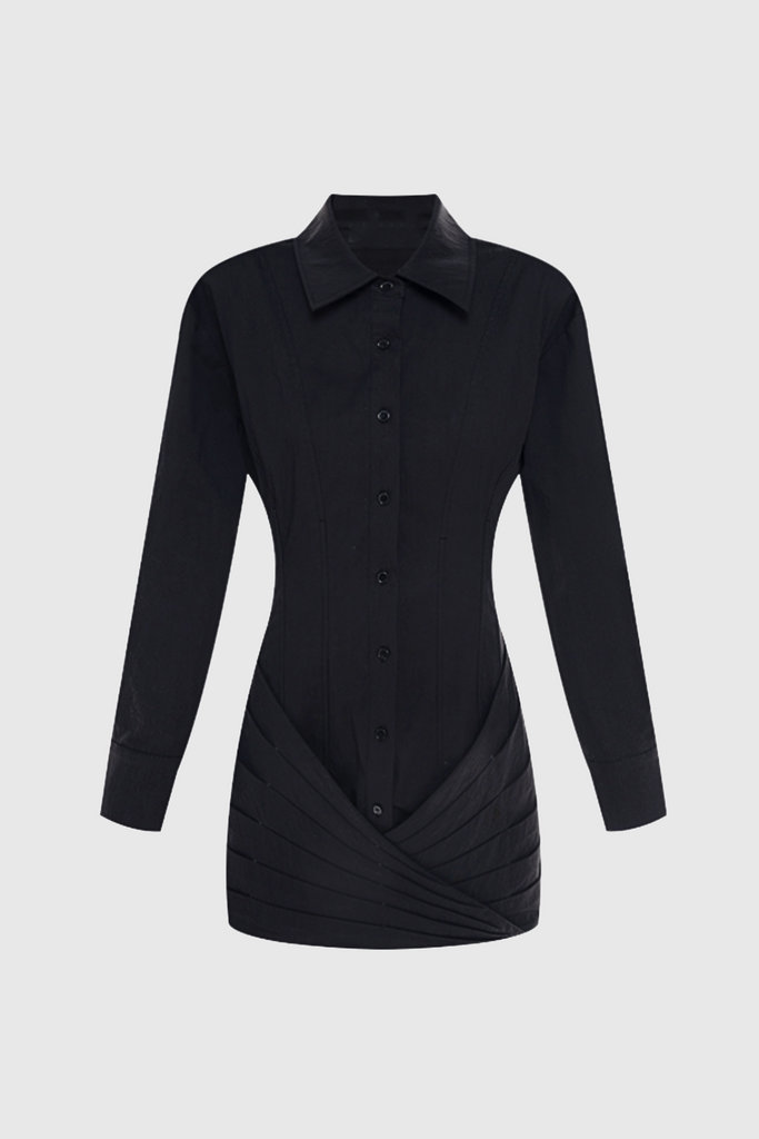 Kretska Cinched-waist Pleated Mini Shirt Dress -Black - Stylish black dress for special occasions | Buy Online