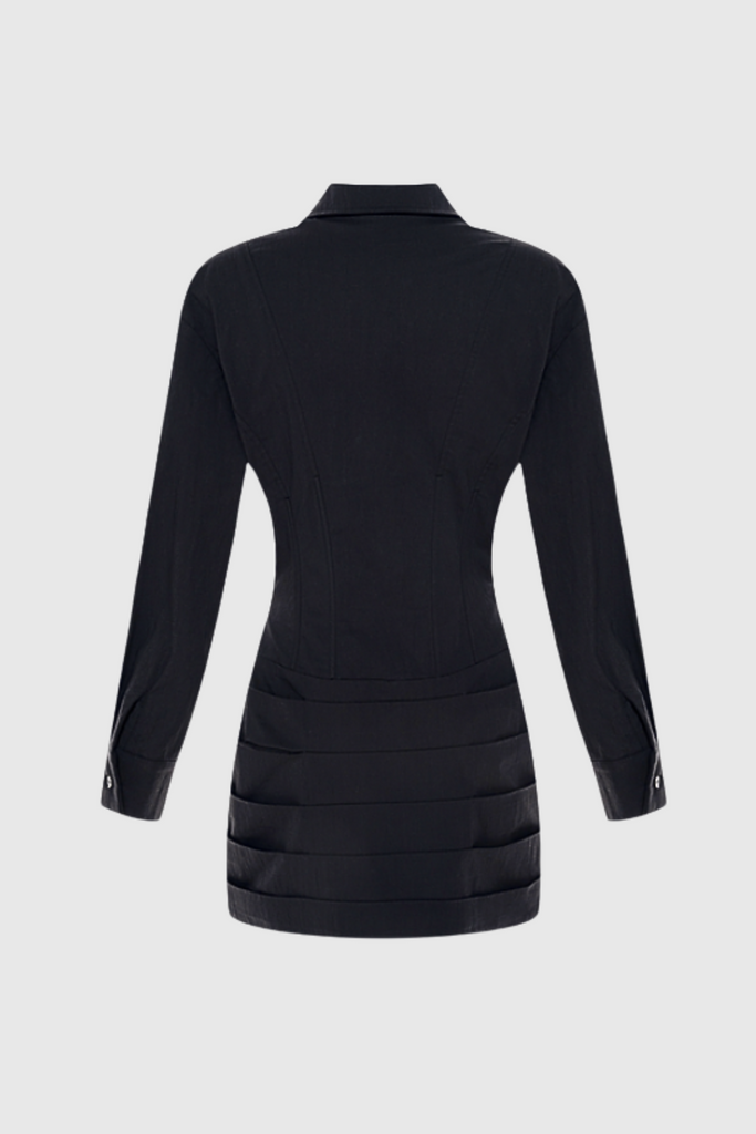 Shop  black dress - Perfect for special occasions | Kretska Cinched-waist Pleated Mini Shirt Dress -Black
