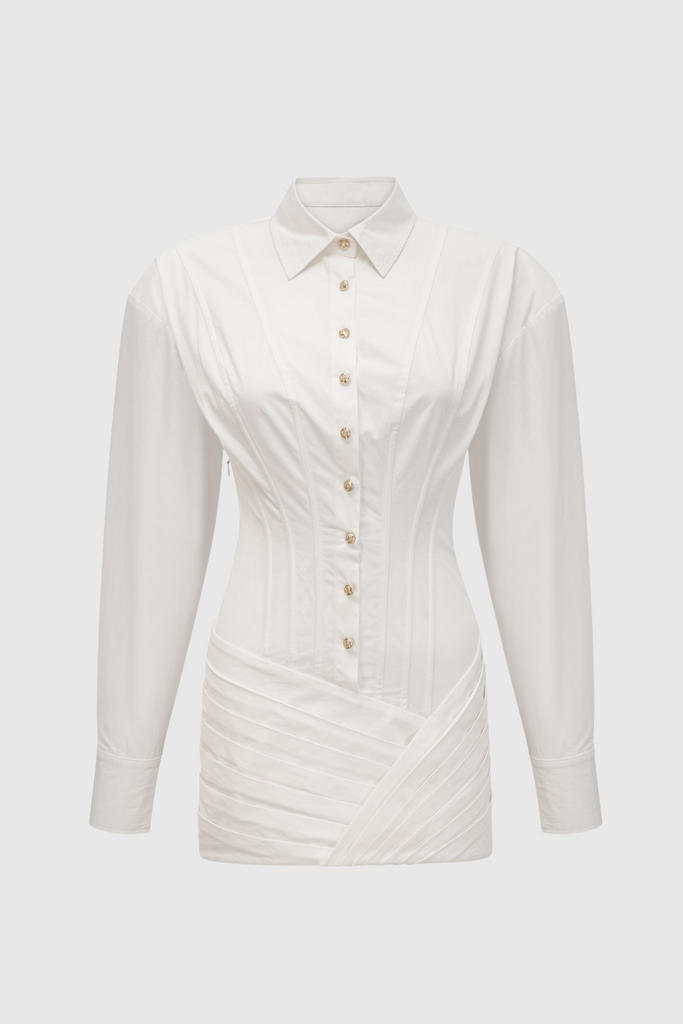 Stylish white dress | Kretska Cinched-waist Pleated Mini Shirt Dress - White - Ideal for special occasions