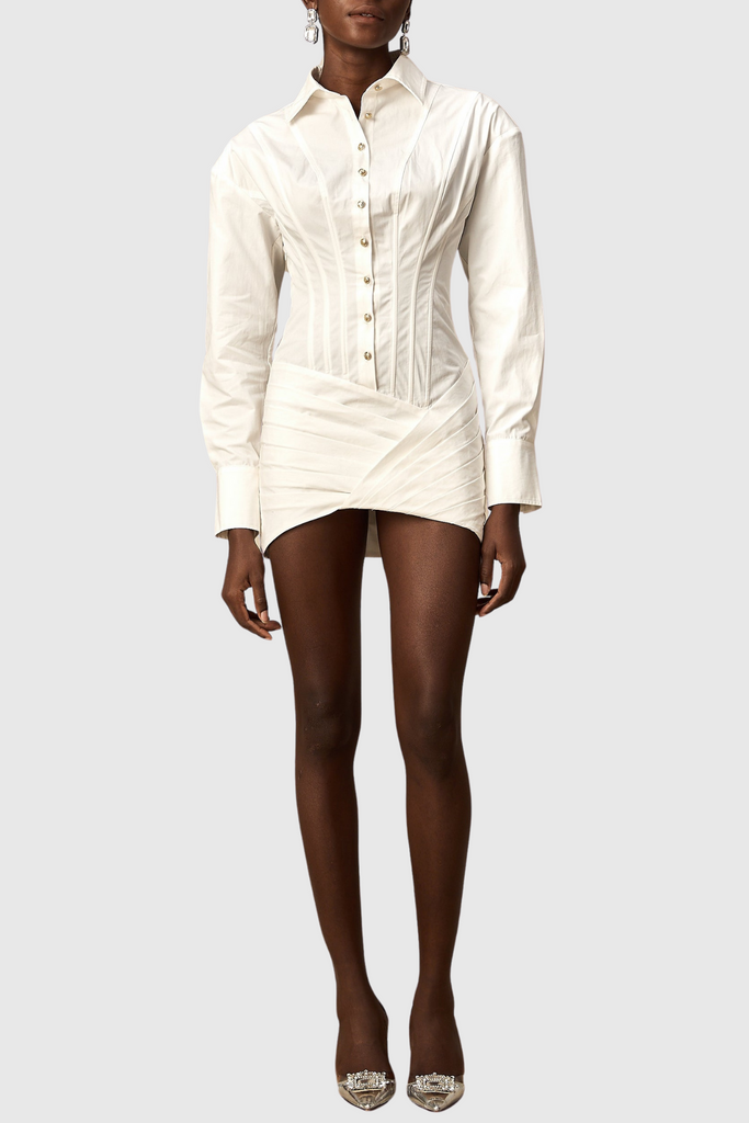 Shop  white dress - Perfect for special occasions | Kretska Cinched-waist Pleated Mini Shirt Dress - White