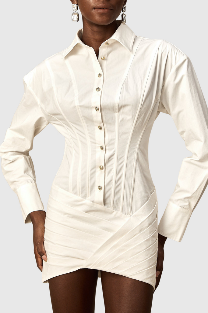 Kretska Cinched-waist Pleated Mini Shirt Dress - White - Stylish white dress for special occasions | Buy Online
