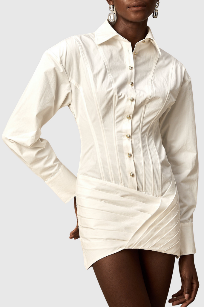 Stylish white dress | Kretska Cinched-waist Pleated Mini Shirt Dress - White - Ideal for special occasions
