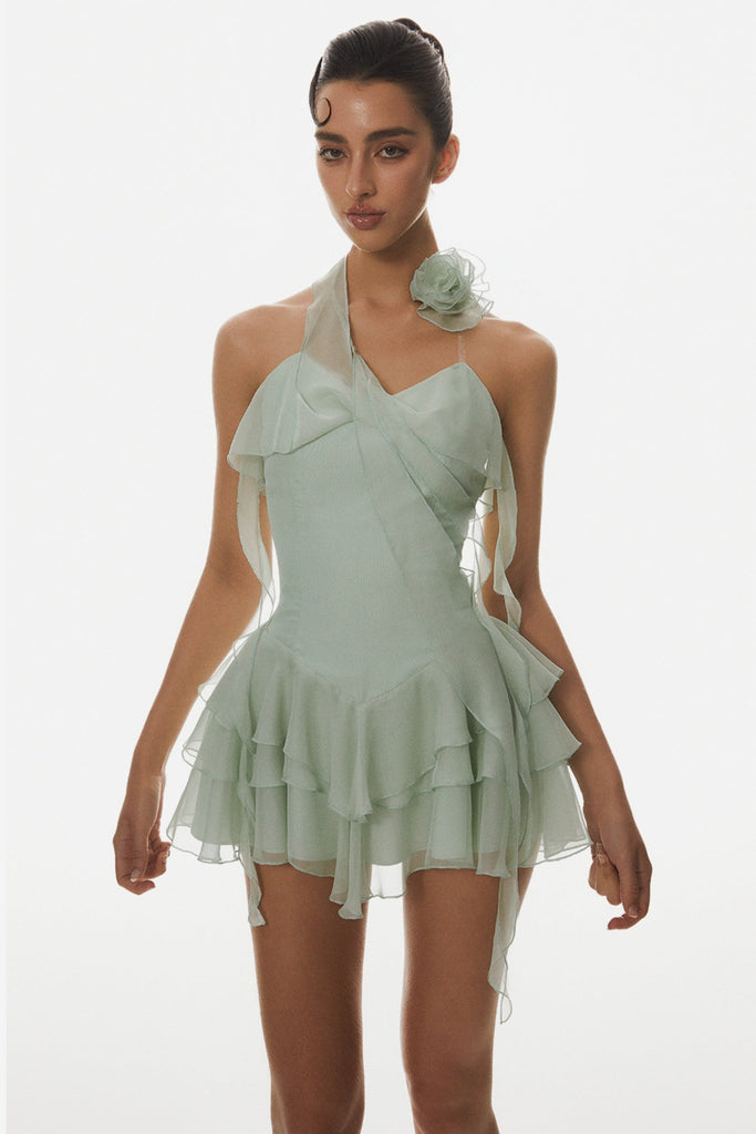 Shop  green dress - Perfect for special occasions | Kyrie Halter Floral Ruffle Mini Dress - Green