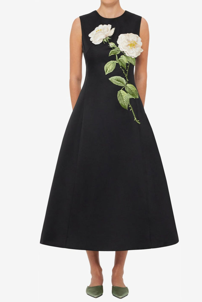 kate floral print Embellished Sleeveless Midi Dress in black - Stylish black dress for special occasions | Buy Online