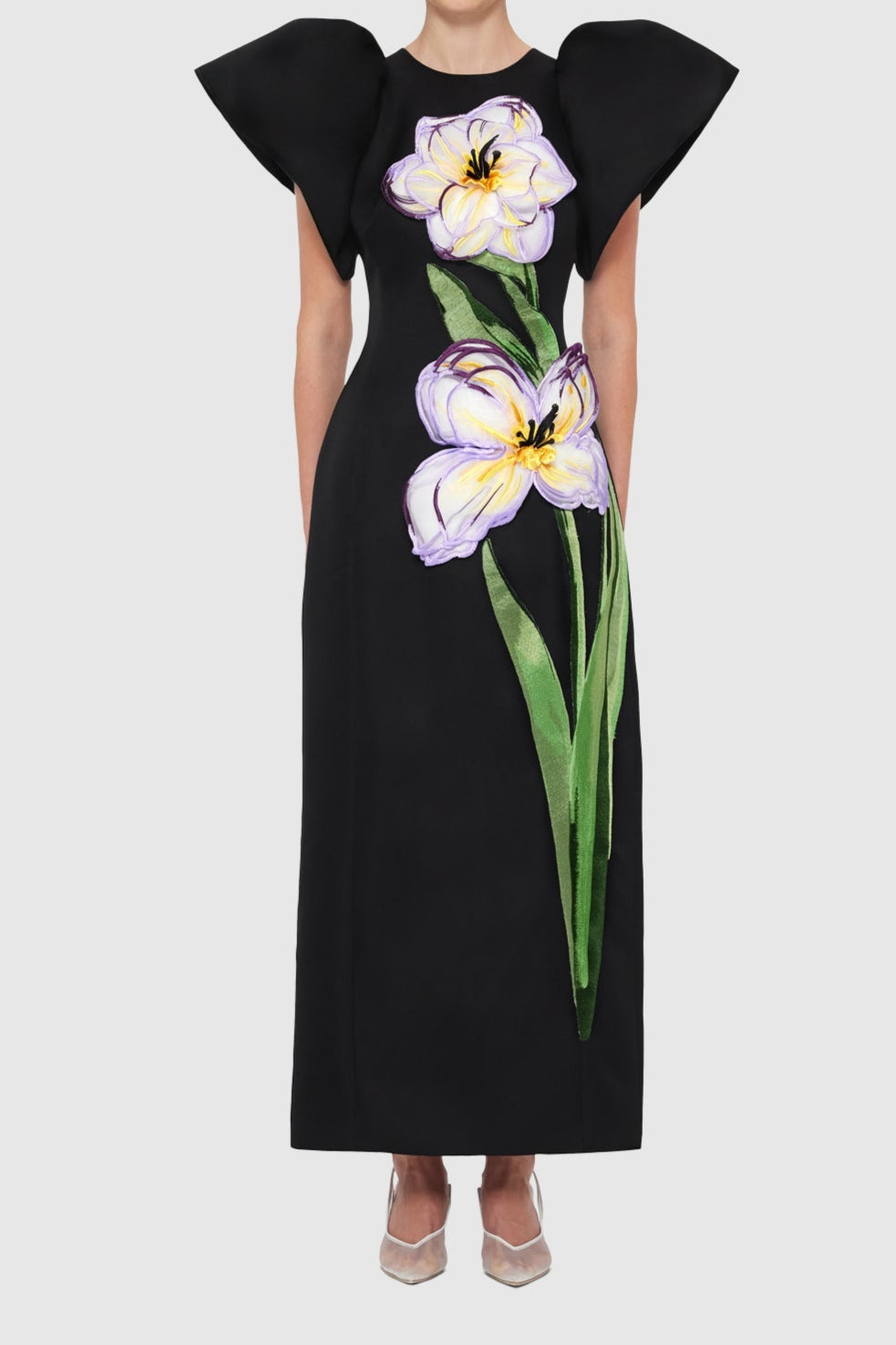 annabelle Iris Print Appliqué Floral Maxi Dress in Ebony