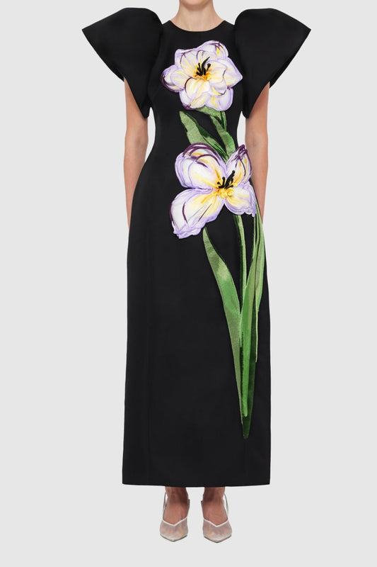 annabelle Iris Print Appliqué Floral Maxi Dress in Ebony