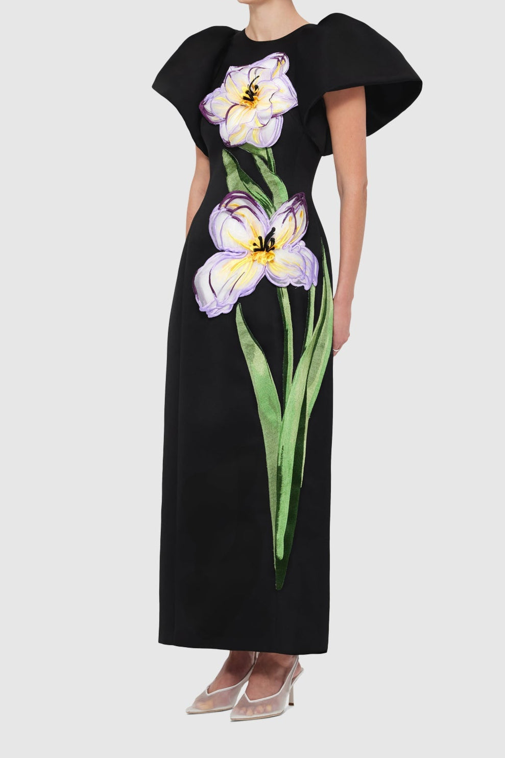 annabelle Iris Print Appliqué Floral Maxi Dress in Ebony