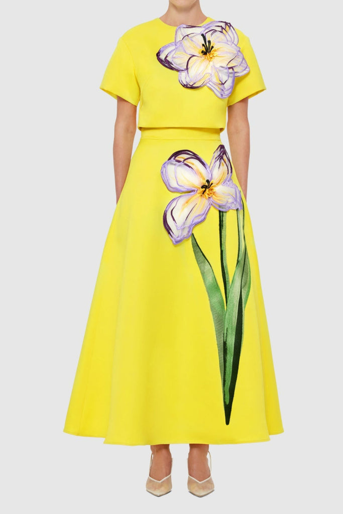 Shop  yellow dress - Perfect for special occasions | Indie Appliqué Sleeve Iris Print set in Yellow