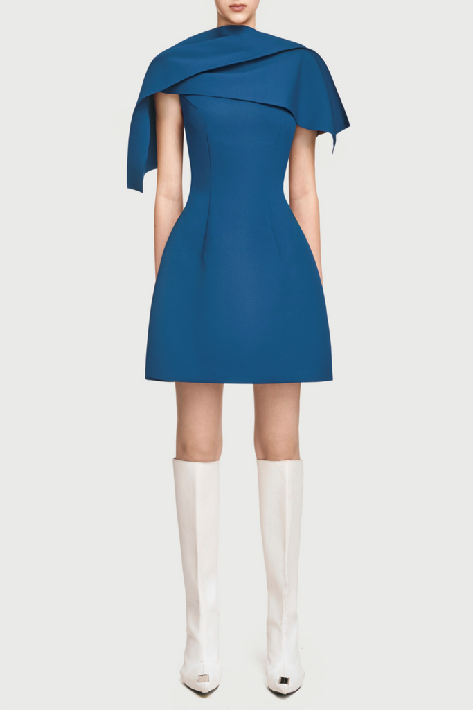 Stylish blue dress | Lachet Asymmetrical Shoulder Pleat Mini Dress - Blue - Ideal for special occasions