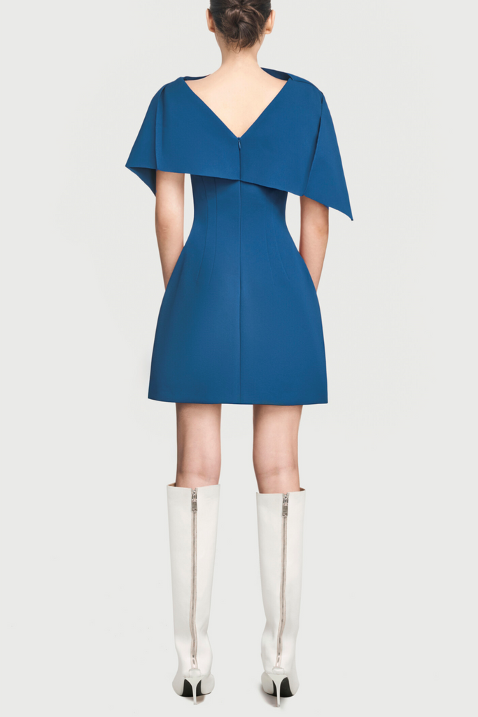 Stylish blue dress | Lachet Asymmetrical Shoulder Pleat Mini Dress - Blue - Ideal for special occasions