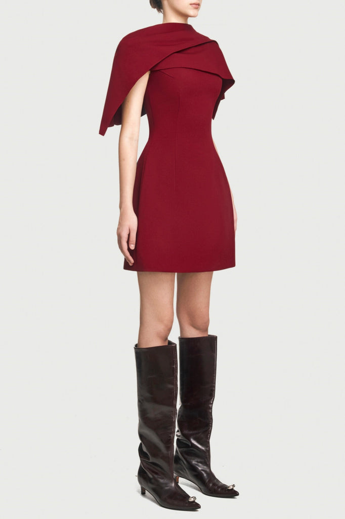 Lachet Asymmetrical Shoulder Pleat Mini Dress - Red - Stylish red dress for special occasions | Buy Online