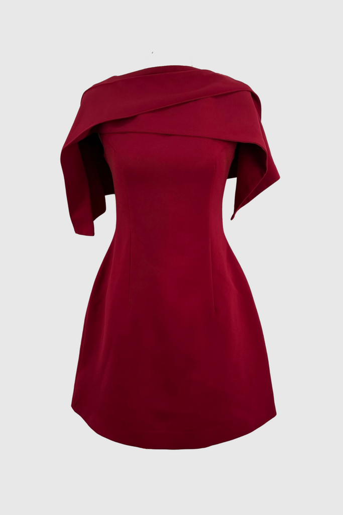 Lachet Asymmetrical Shoulder Pleat Mini Dress - Red - Stylish red dress for special occasions | Buy Online
