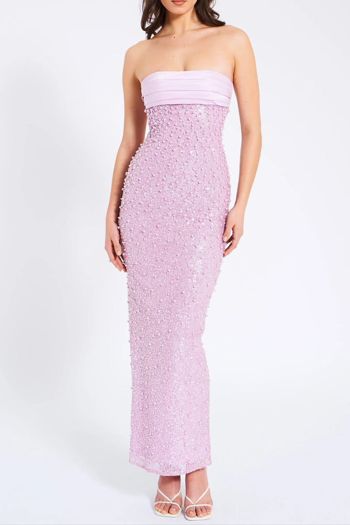 Shop  pink dress - Perfect for special occasions | PINK SATIN SEQUIN PEARLS BEADED MAXI DRESS