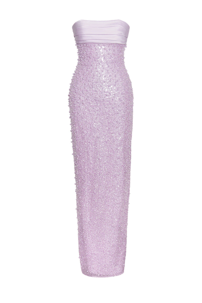 PINK SATIN SEQUIN PEARLS BEADED MAXI DRESS - Stylish pink dress for special occasions | Buy Online