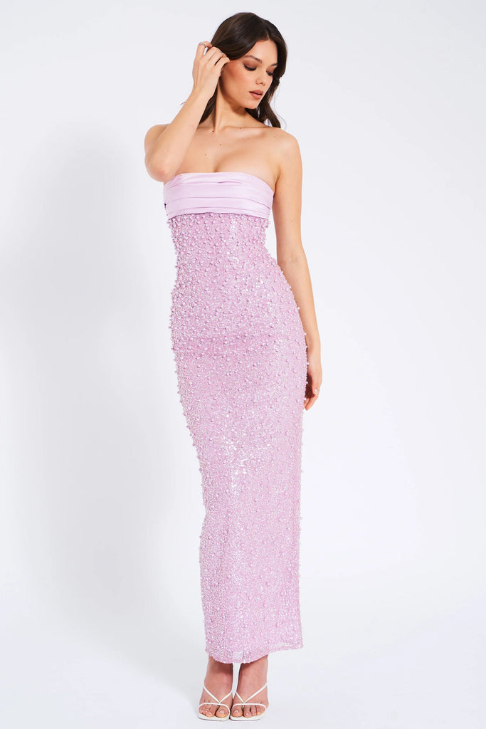 Stylish pink dress | PINK SATIN SEQUIN PEARLS BEADED MAXI DRESS - Ideal for special occasions