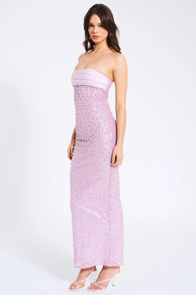 Shop  pink dress - Perfect for special occasions | PINK SATIN SEQUIN PEARLS BEADED MAXI DRESS