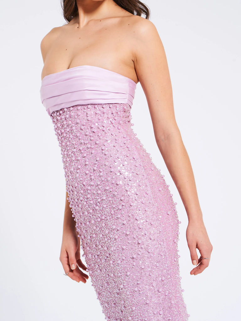 Stylish pink dress | PINK SATIN SEQUIN PEARLS BEADED MAXI DRESS - Ideal for special occasions