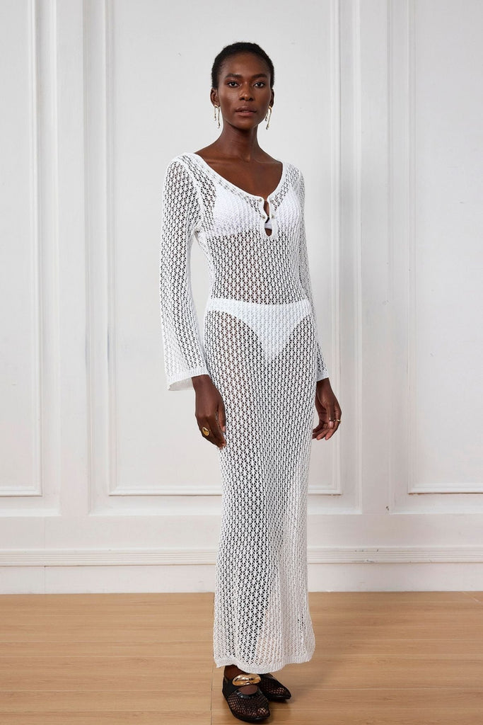 Lana Knit Cutout Plunge Maxi Dress In White - Stylish white dress for special occasions | Buy Online