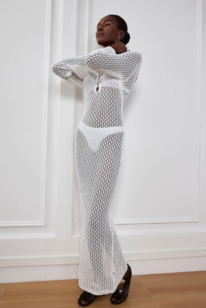Lana Knit Cutout Plunge Maxi Dress In White - Stylish white dress for special occasions | Buy Online