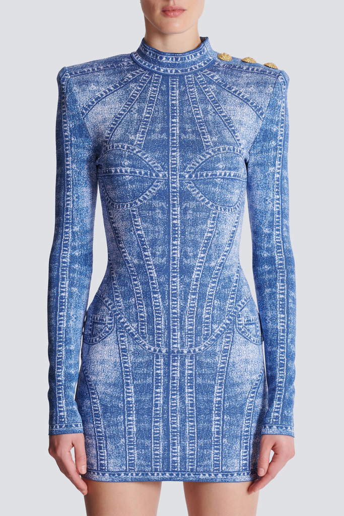 Stylish beautiful dress | Mya Jacquard Denim-Effect Mini Dress - Ideal for special occasions