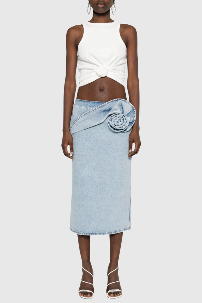 Shop  beautiful midi - Perfect for special occasions | Laundra Floral Appliqué Denim Midi Skirt