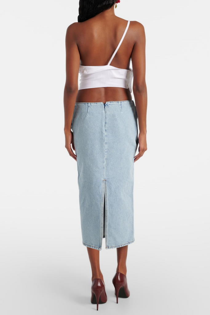 Stylish beautiful midi | Laundra Floral Appliqué Denim Midi Skirt - Ideal for special occasions