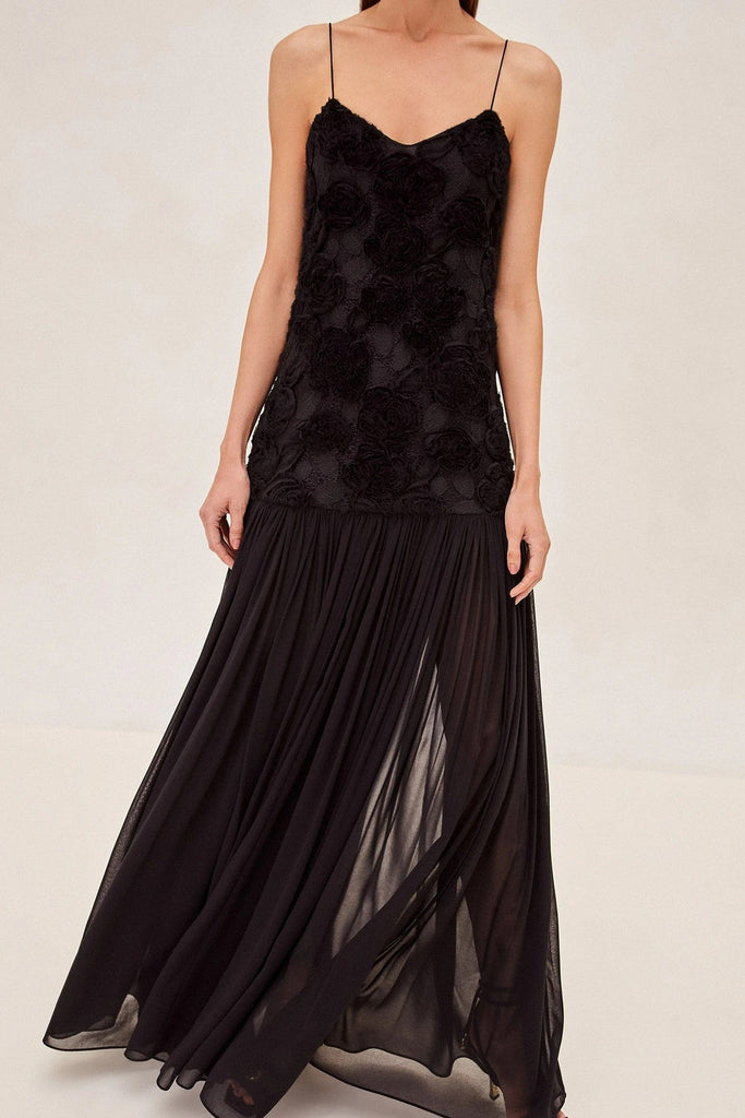 Stylish black dress | Lillie Spaghetti Floral Ruffle Maxi Dress - Black - Ideal for special occasions