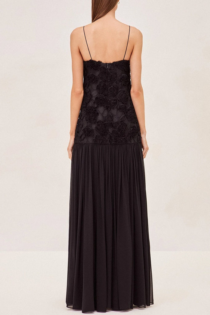 Lillie Spaghetti Floral Ruffle Maxi Dress - Black - Stylish black dress for special occasions | Buy Online