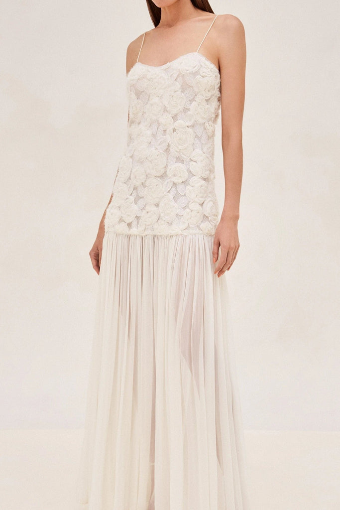 Shop  white dress - Perfect for special occasions | Lillie Spaghetti Floral Ruffle Maxi Dress - White