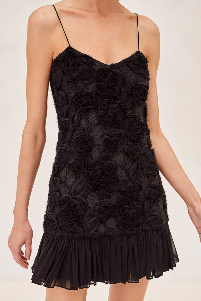 Shop  black dress - Perfect for special occasions | Lillie Spaghetti Floral Ruffle Mini Dress - Black