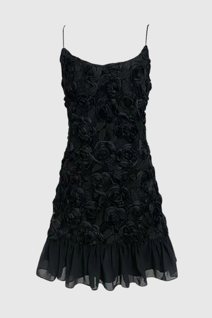 Shop  black dress - Perfect for special occasions | Lillie Spaghetti Floral Ruffle Mini Dress - Black